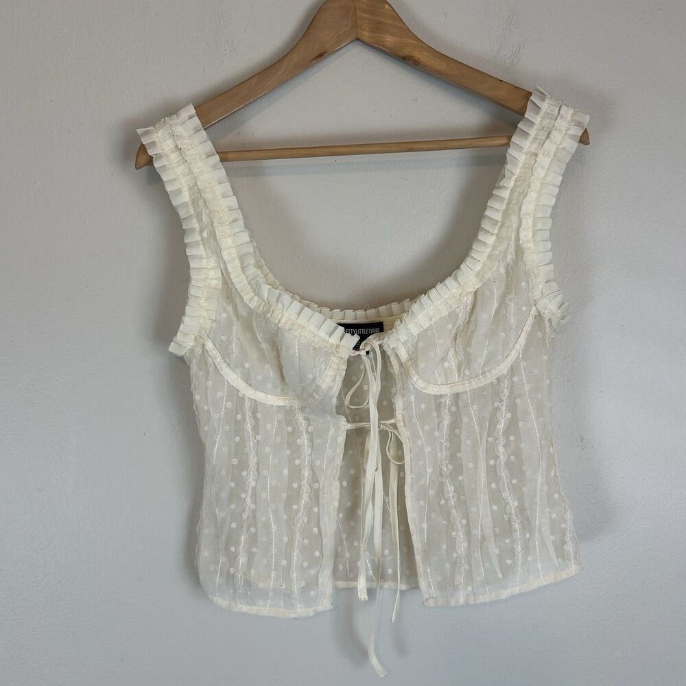 PLT white Corset Top Tank Tie Front Ivory Lace Ruffle Size 6 S M Sheer Romantic